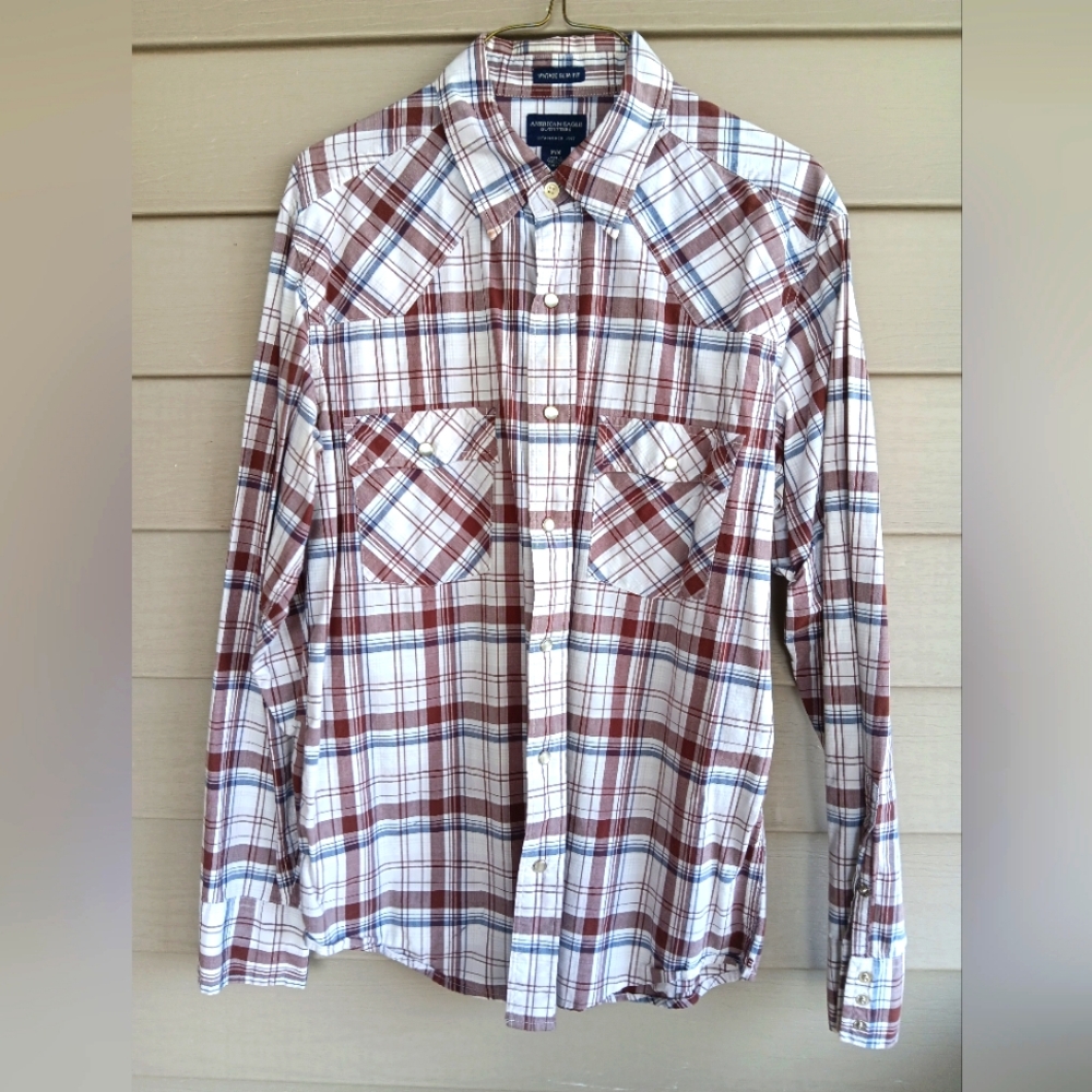 EUC Men's American Eagle Vintage Slim Fit Snap Button Plaid Shirt Size MED